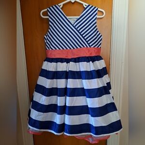 Striped Blue and White Kids Dress with Pink Accent